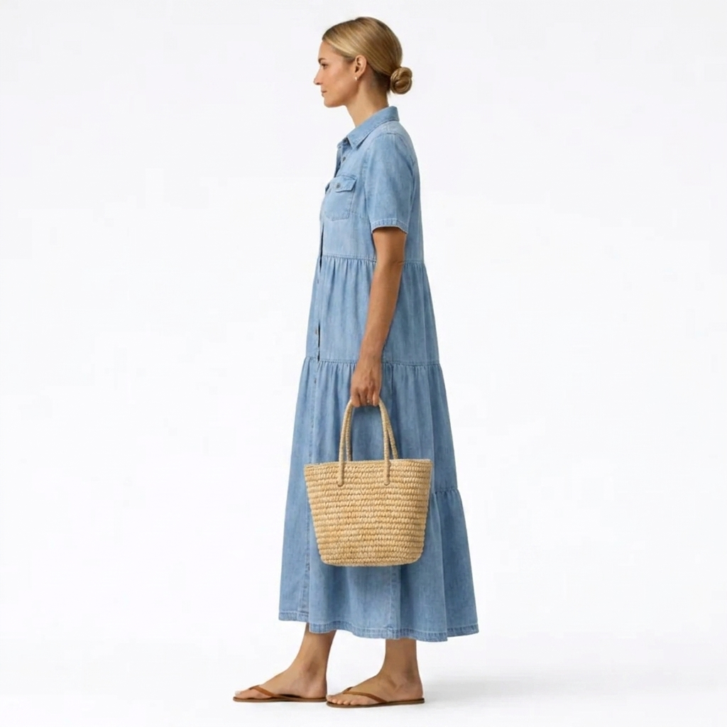 Denim-print midikjole – afslappet snit med knaplukning foran