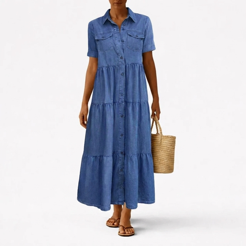 Denim-print midikjole – afslappet snit med knaplukning foran