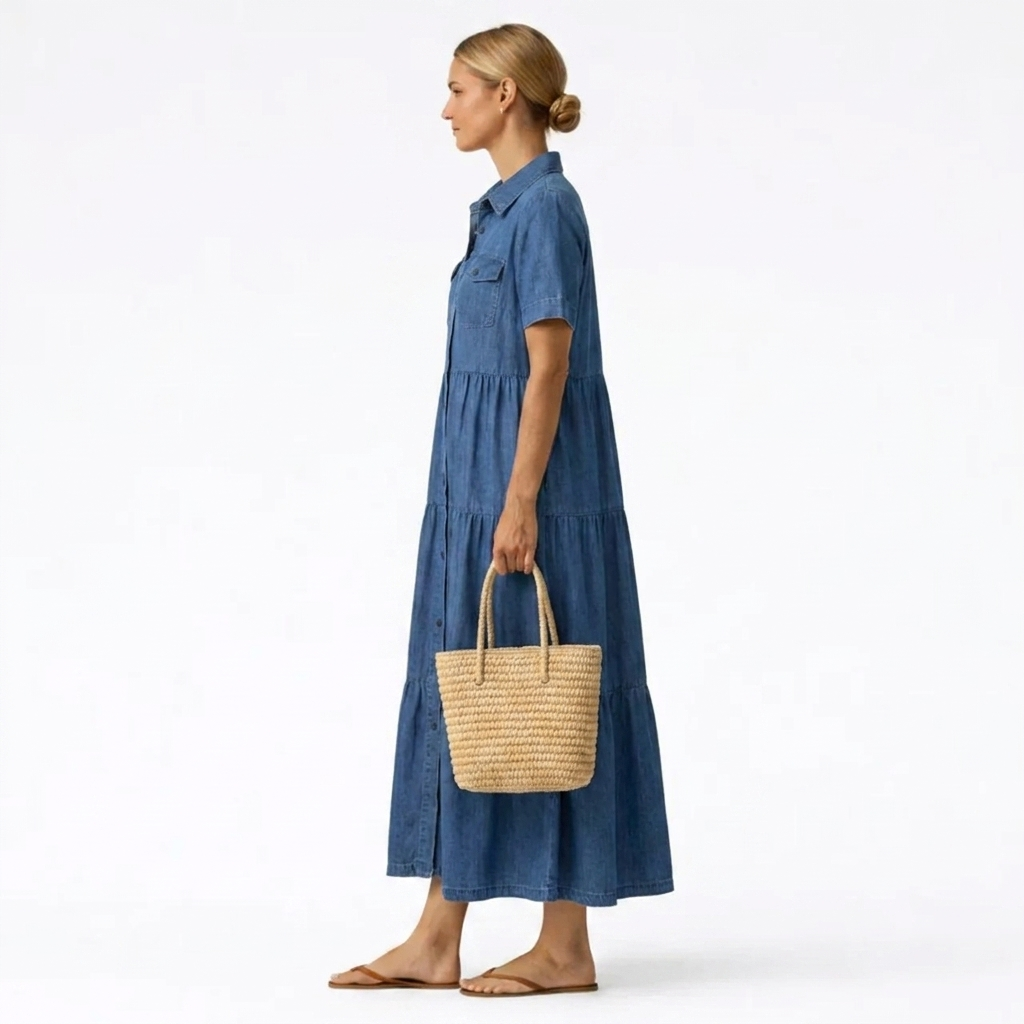 Denim-print midikjole – afslappet snit med knaplukning foran