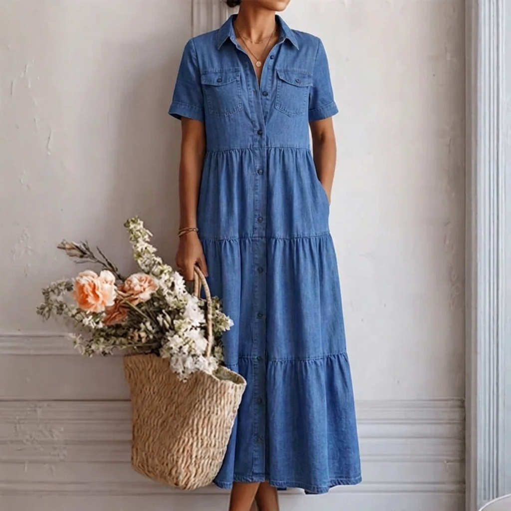 Denim-print midikjole – afslappet snit med knaplukning foran
