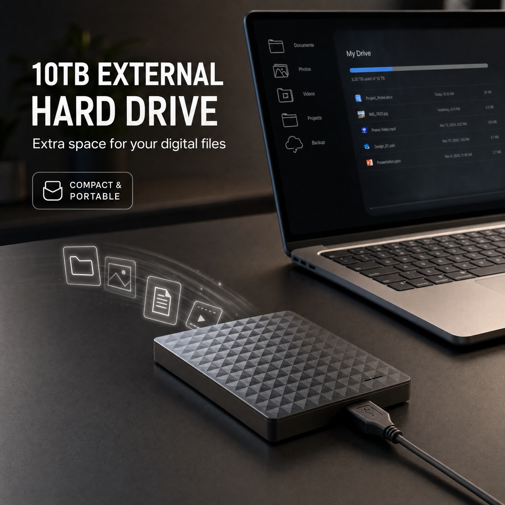 Ekstern 10 TB HDD – Bærbar USB 3.0-harddisk til filer og sikkerhedskopier