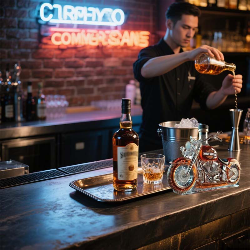 Whiskykaraffel formet som en Harley-motorcykel til hjemmebaren