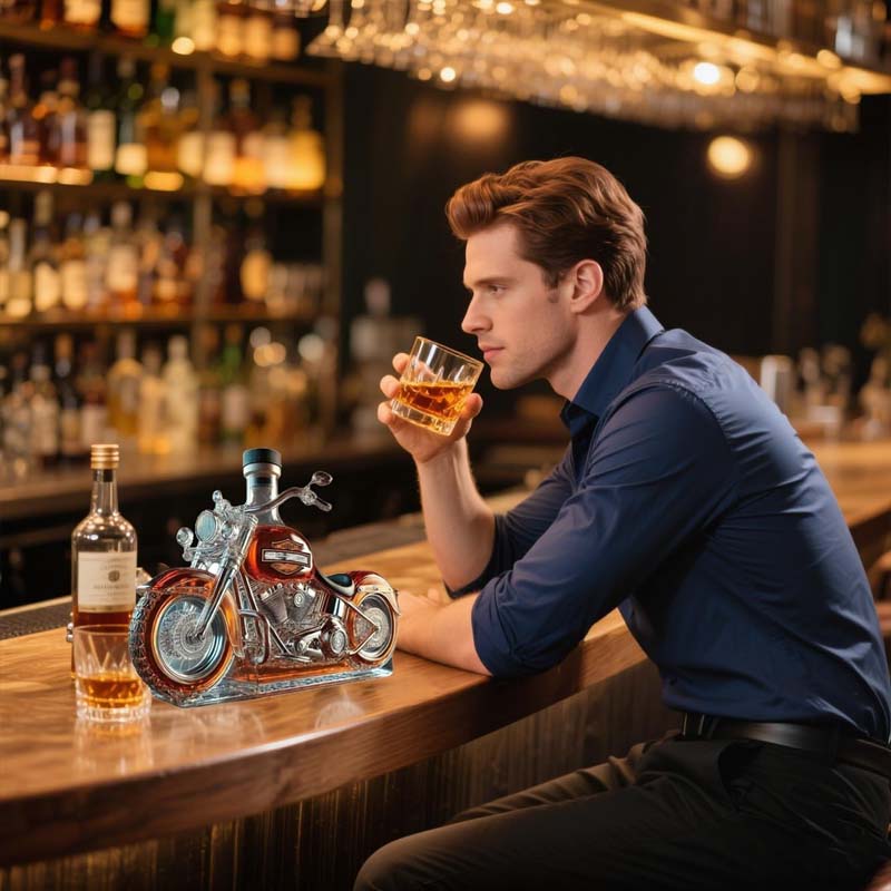 Whiskykaraffel formet som en Harley-motorcykel til hjemmebaren
