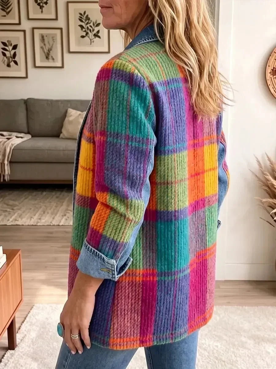 Patchwork-ternet jakke i vintagestil med denimdetaljer