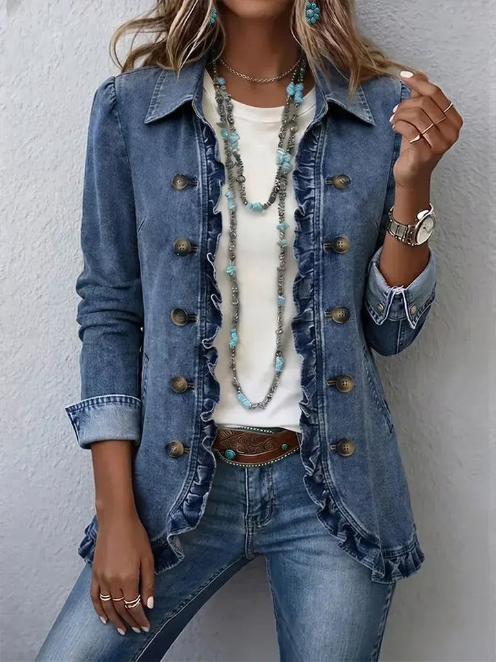 Blomsterbroderet utility-jakke – vintage-boho-stil med flæsekanter
