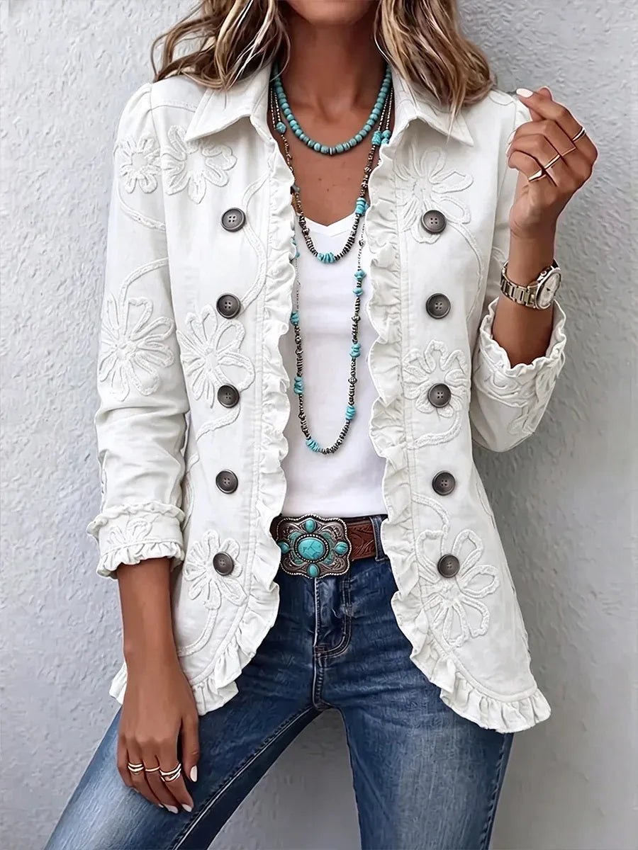 Blomsterbroderet utility-jakke – vintage-boho-stil med flæsekanter