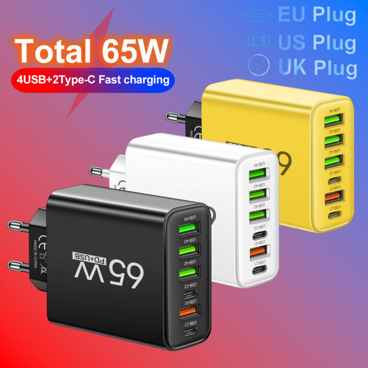 PowerMax 65W 6-i-1 hurtiglader – oplader op til 6 enheder samtidig – ideel til hjem, kontor og rejser