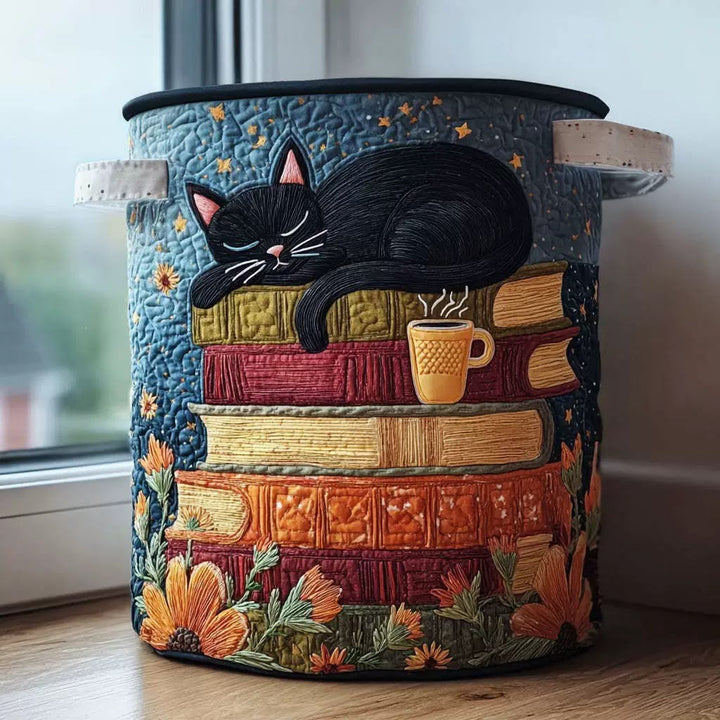 Quiltet vasketøjskurv med kattebibliotek-motiv og håndtag, foldbar vasketøjskurv i 3 størrelser