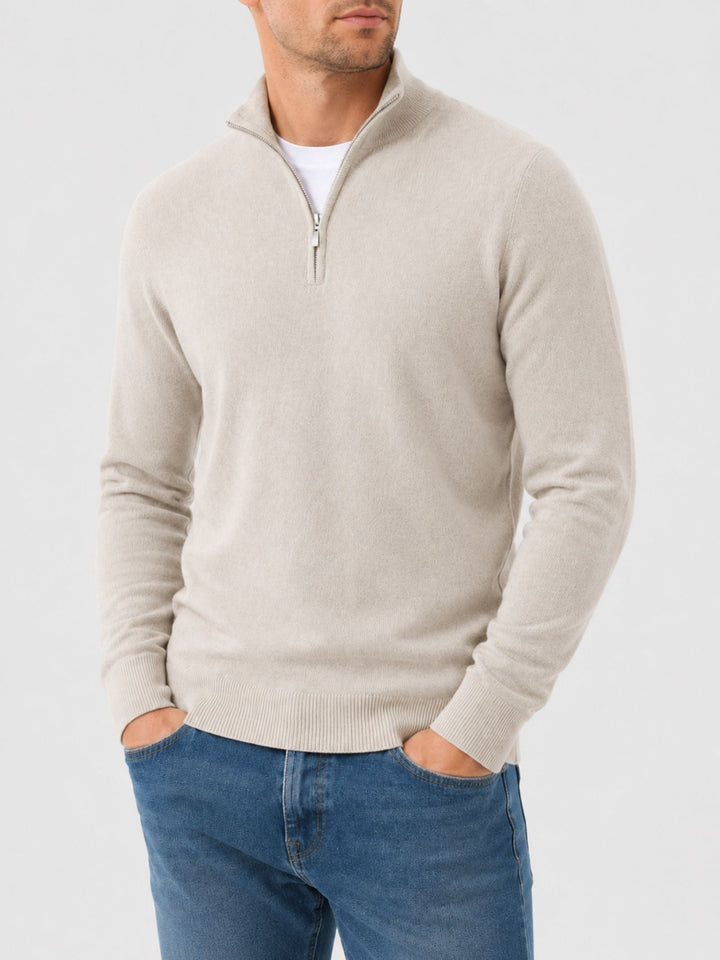 Merinould-sweater til mænd med V-hals og lynlåsdetalje