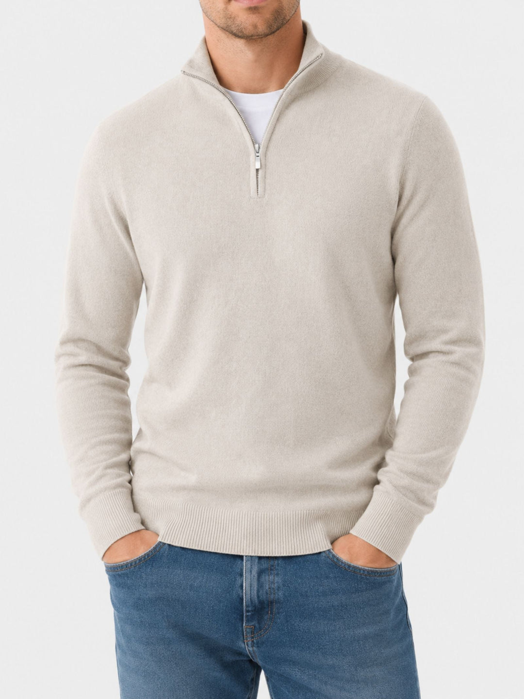 Merinould-sweater til mænd med V-hals og lynlåsdetalje