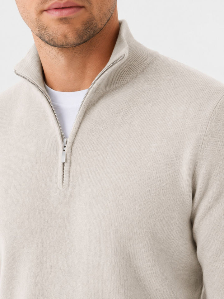 Merinould-sweater til mænd med V-hals og lynlåsdetalje
