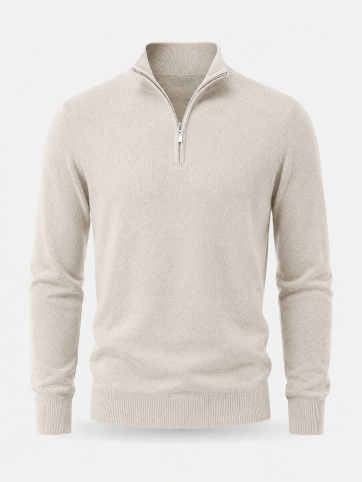 Merinould-sweater til mænd med V-hals og lynlåsdetalje