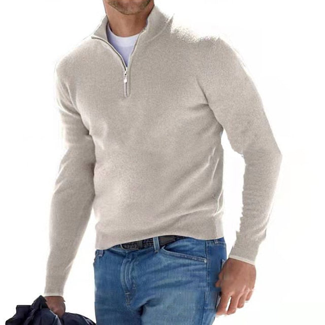 Merinould-sweater til mænd med V-hals og lynlåsdetalje