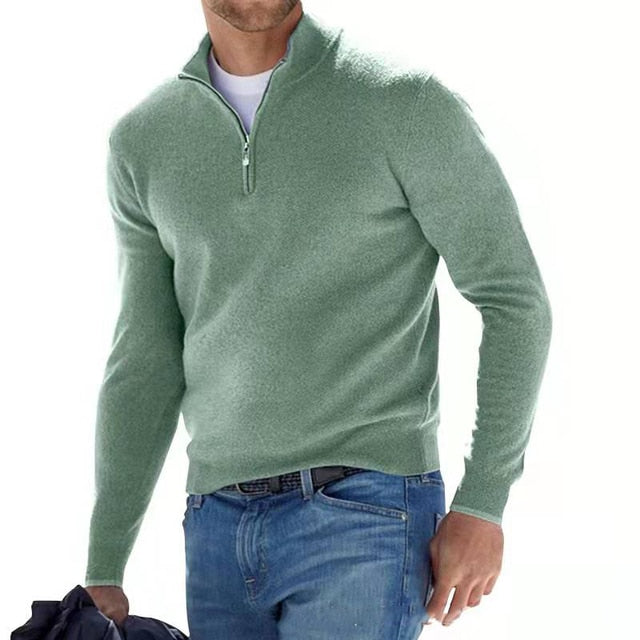 Merinould-sweater til mænd med V-hals og lynlåsdetalje