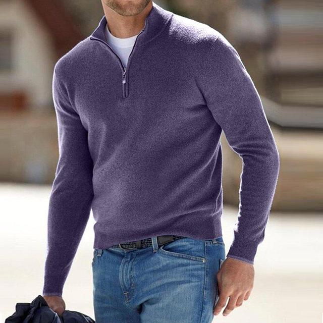 Merinould-sweater til mænd med V-hals og lynlåsdetalje