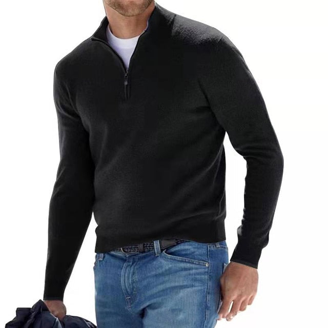 Merinould-sweater til mænd med V-hals og lynlåsdetalje