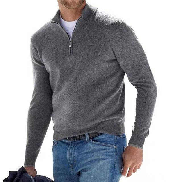 Merinould-sweater til mænd med V-hals og lynlåsdetalje