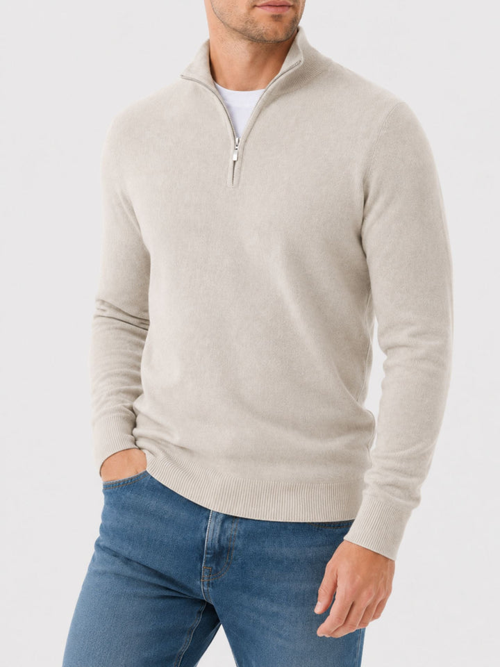 Merinould-sweater til mænd med V-hals og lynlåsdetalje