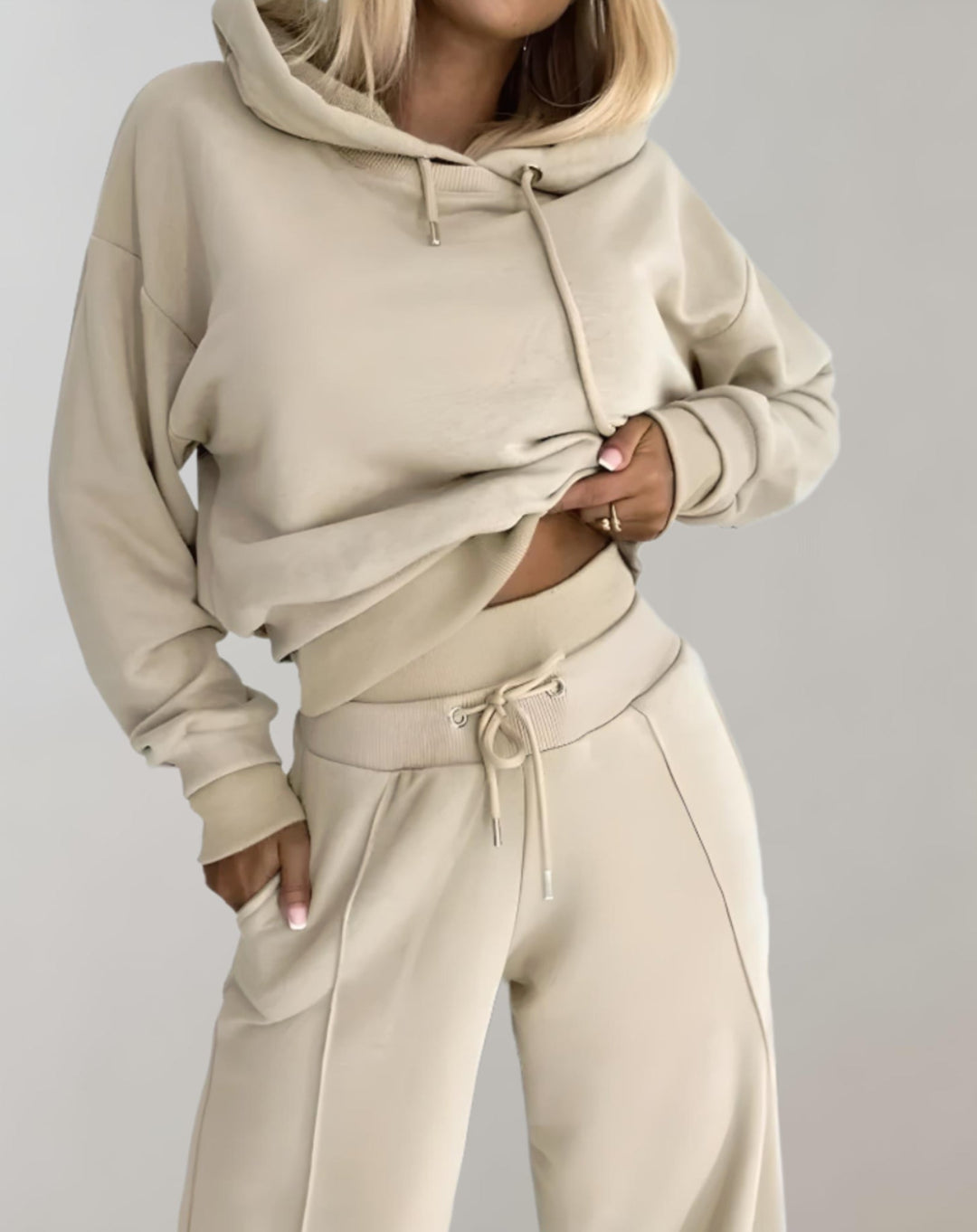 Dame 2-delt hoodie- og bukser-sæt med vide ben – loungewear i bomuldsblanding