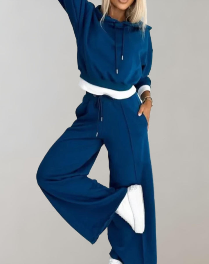 Dame 2-delt hoodie- og bukser-sæt med vide ben – loungewear i bomuldsblanding