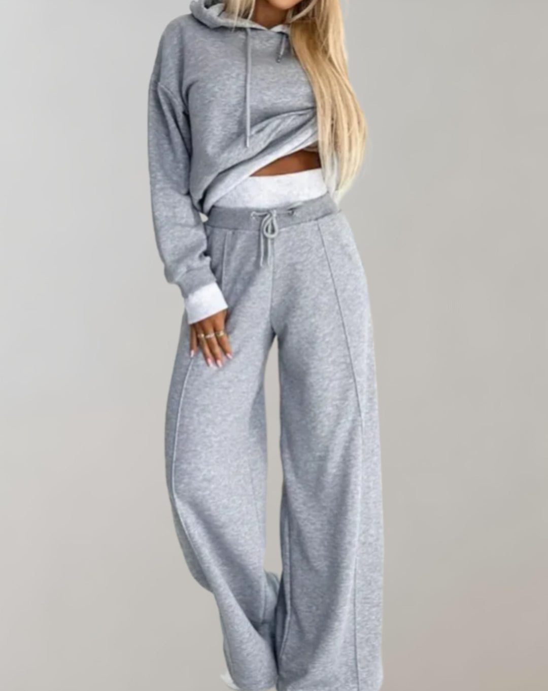Dame 2-delt hoodie- og bukser-sæt med vide ben – loungewear i bomuldsblanding