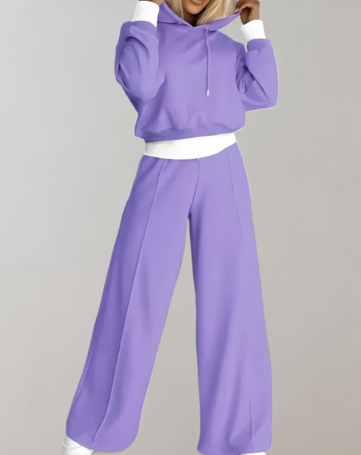 Dame 2-delt hoodie- og bukser-sæt med vide ben – loungewear i bomuldsblanding