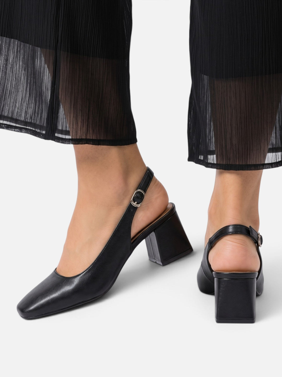 Slingback-pumps i læder med firkantet snude og blokhæl til damer