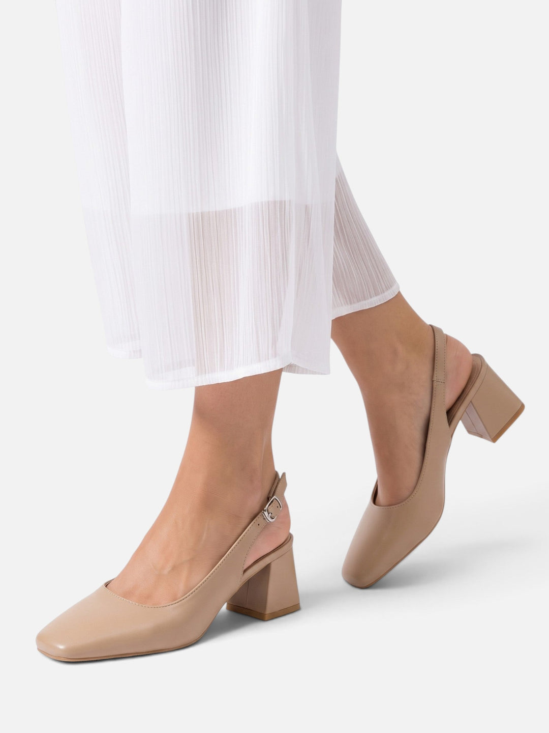 Slingback-pumps i læder med firkantet snude og blokhæl til damer