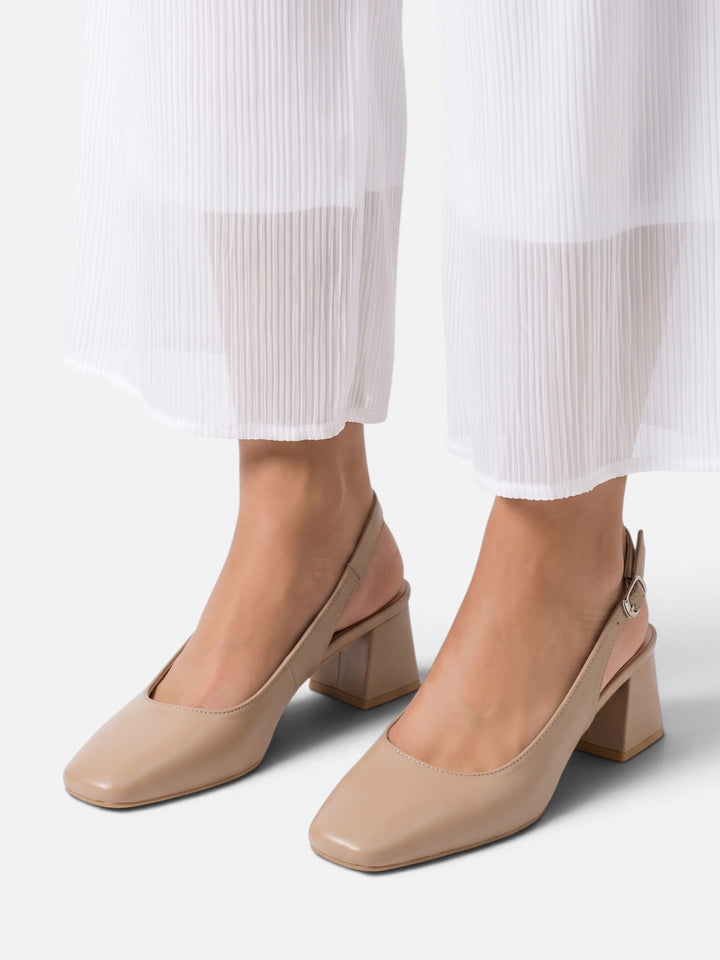 Slingback-pumps i læder med firkantet snude og blokhæl til damer