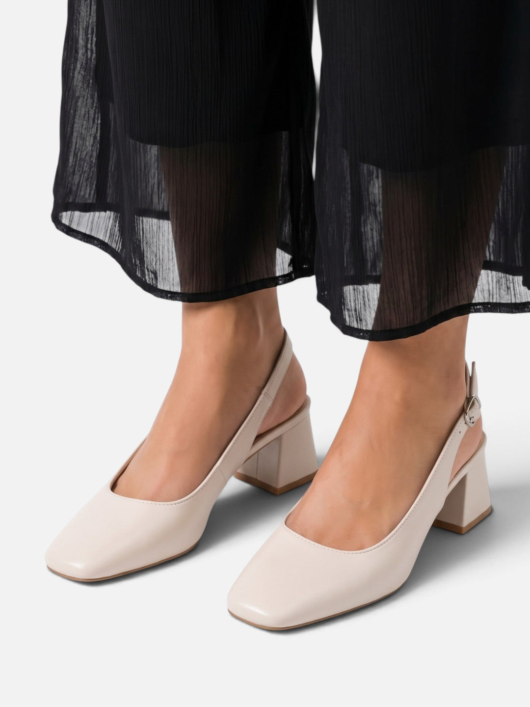 Slingback-pumps i læder med firkantet snude og blokhæl til damer