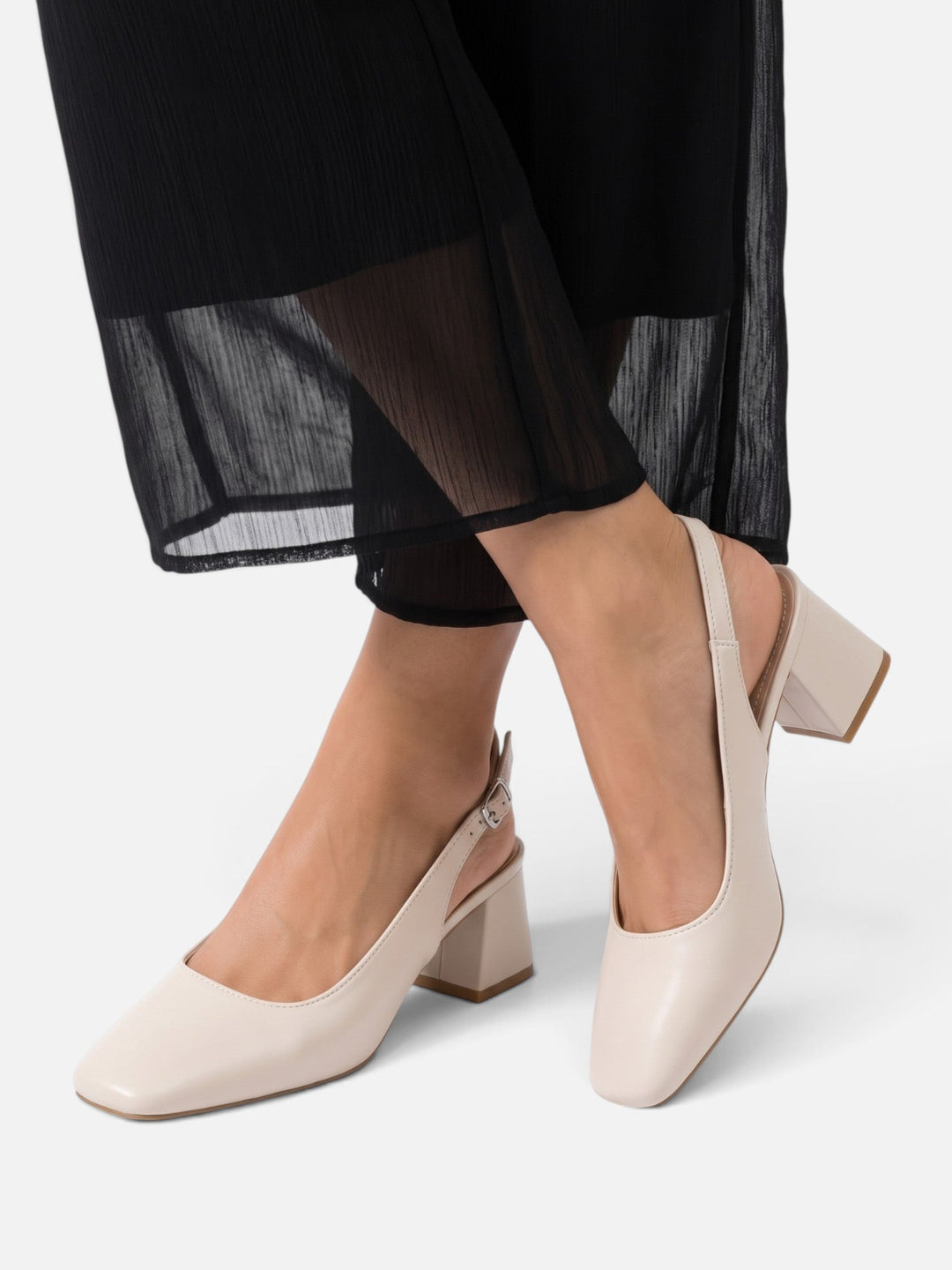 Slingback-pumps i læder med firkantet snude og blokhæl til damer