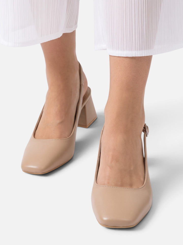 Slingback-pumps i læder med firkantet snude og blokhæl til damer