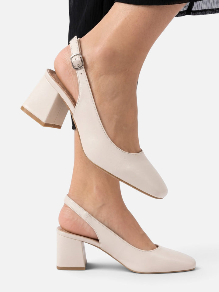 Slingback-pumps i læder med firkantet snude og blokhæl til damer