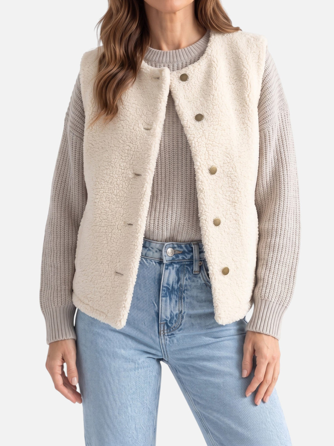 Ærmeløs sherpavest med knapper til damer