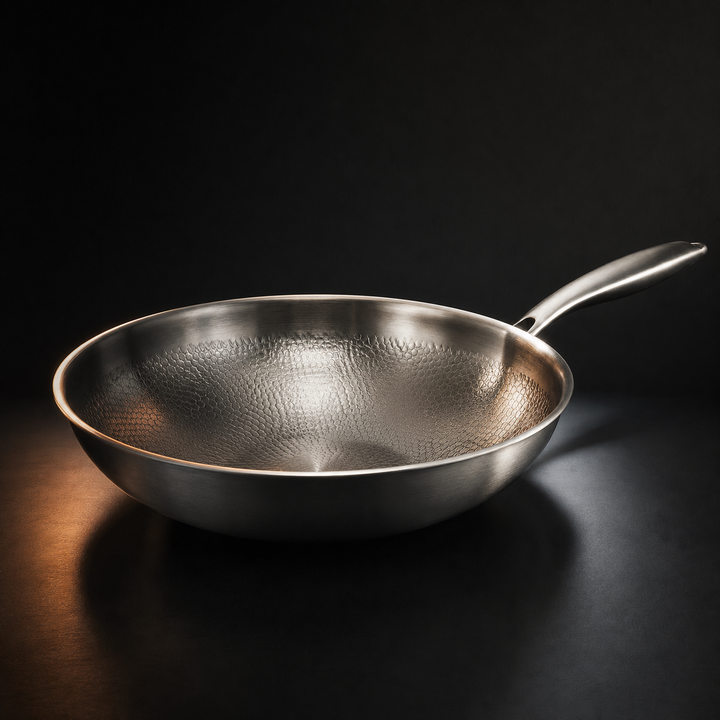 Hamret wokpande af titanium med flad bund