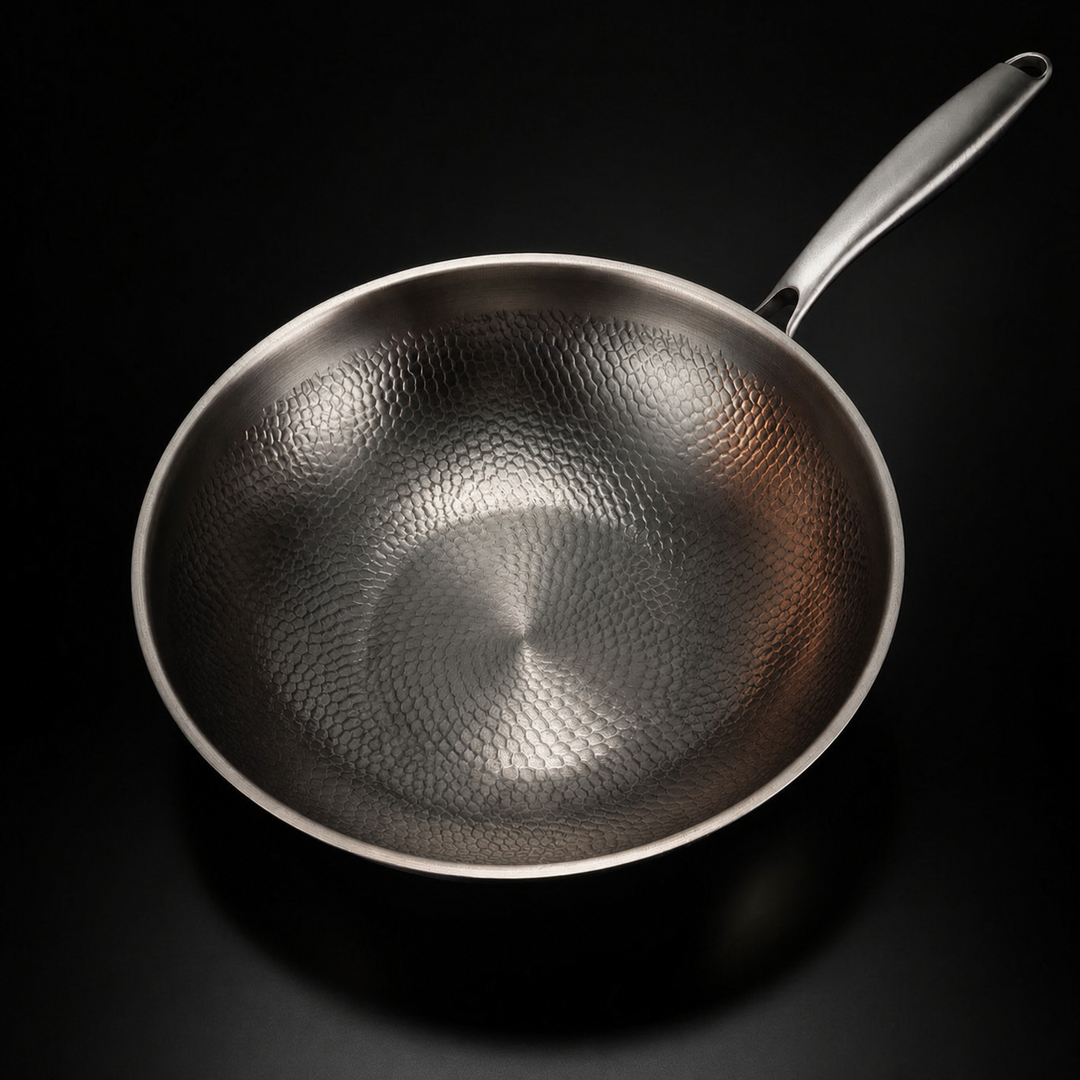 Hamret wokpande af titanium med flad bund
