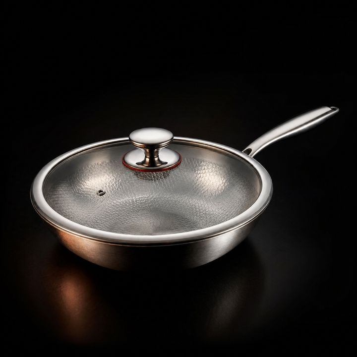 Hamret wokpande af titanium med flad bund