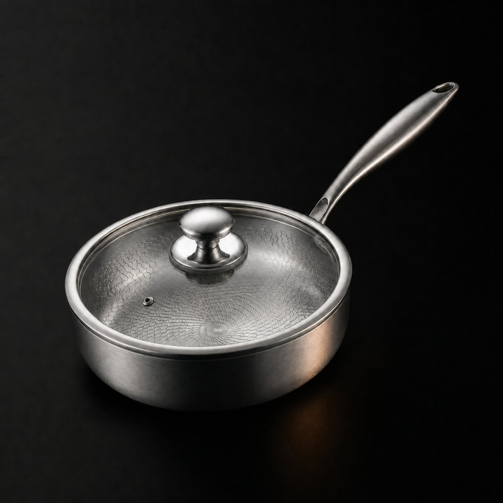 Håndhamret højsidet stegepande i titanium