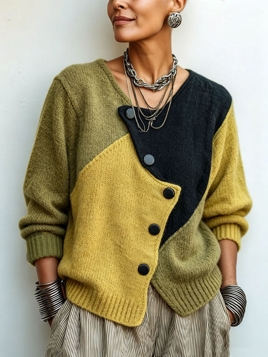 Dame colour block-strikbluse med asymmetriske knapper, løs pasform