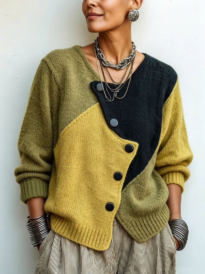 Dame colour block-strikbluse med asymmetriske knapper, løs pasform