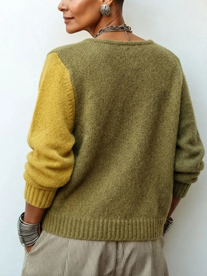 Dame colour block-strikbluse med asymmetriske knapper, løs pasform