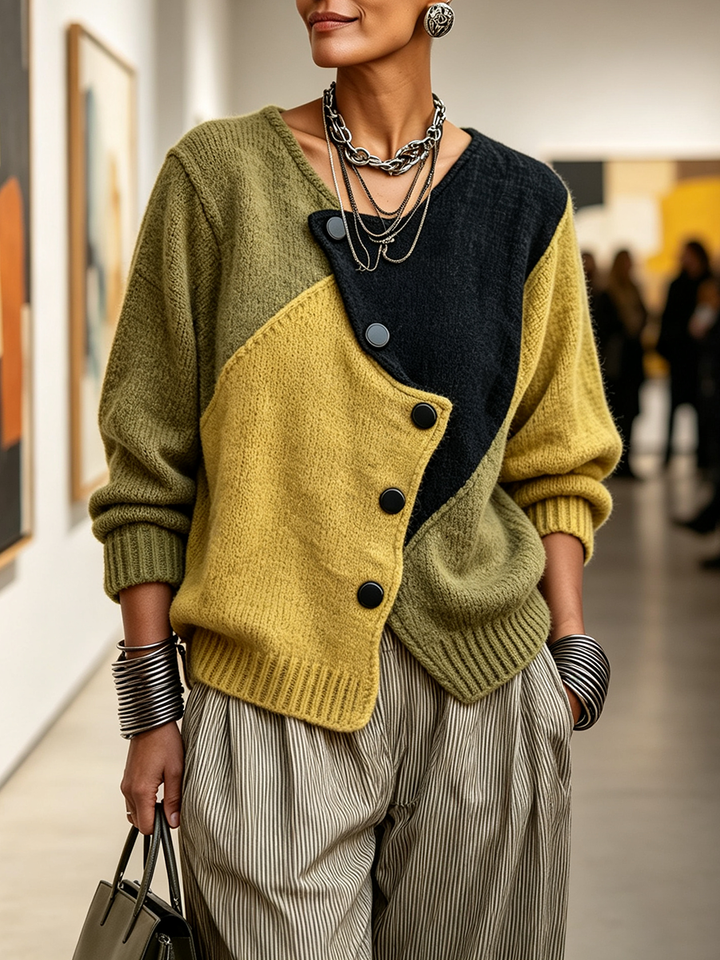Dame colour block-strikbluse med asymmetriske knapper, løs pasform
