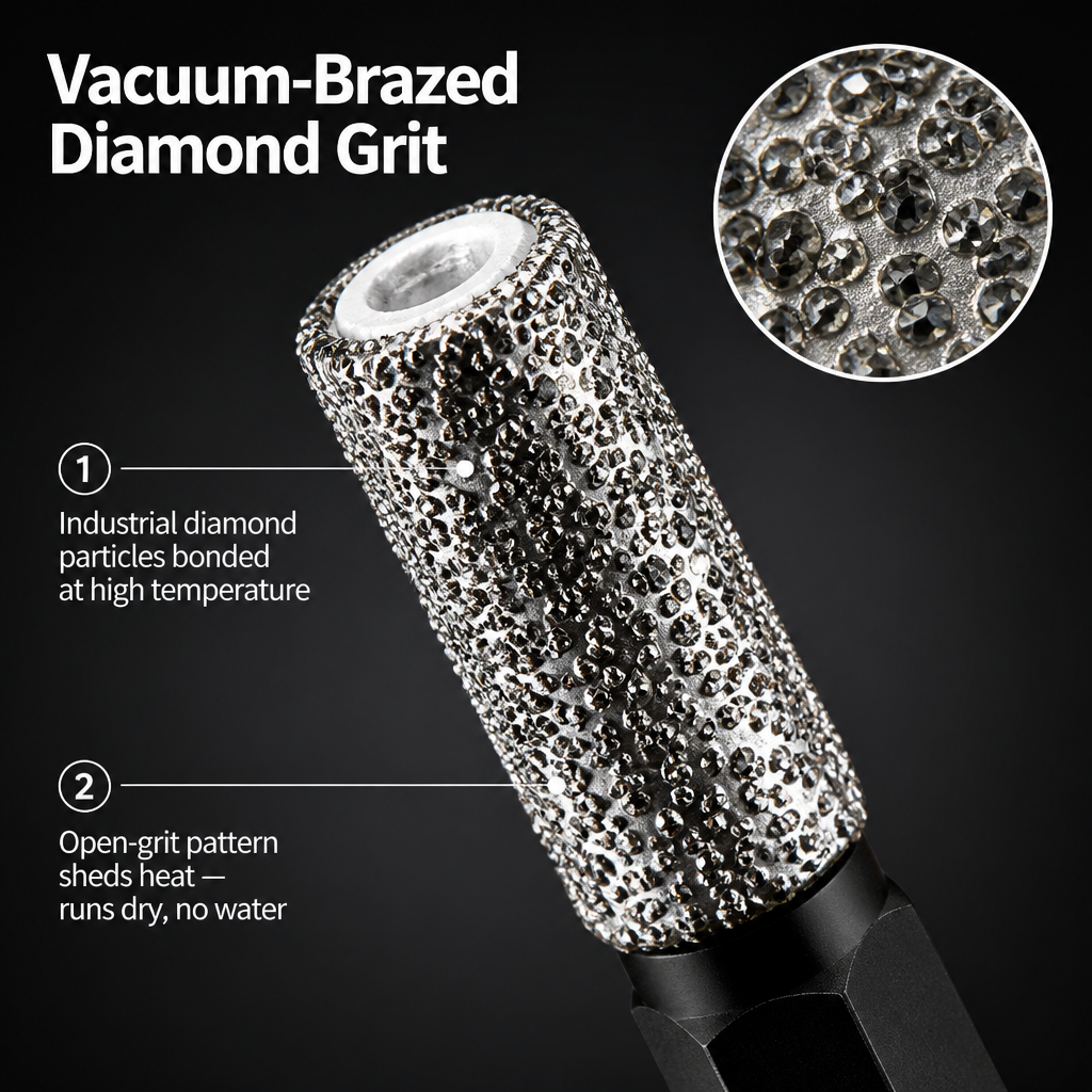 Tørboret med diamant til fliser, marmor og glas – intet vand nødvendigt