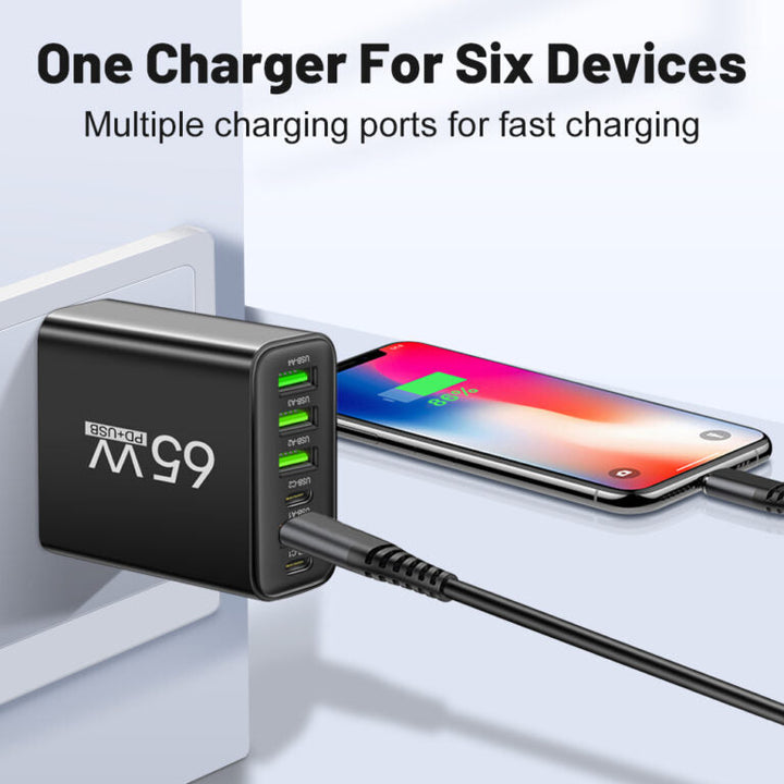 PowerMax 65W 6-i-1 hurtiglader – oplader op til 6 enheder samtidig – ideel til hjem, kontor og rejser