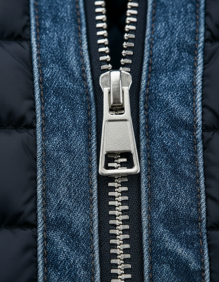 Quiltet denimjakke til herre med opstående krave og lynlås foran, blå