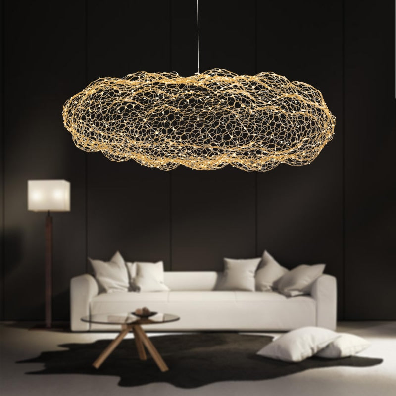 Håndlavet skyformet jernlampe med LED-stjernepunkter til art deco-interiør