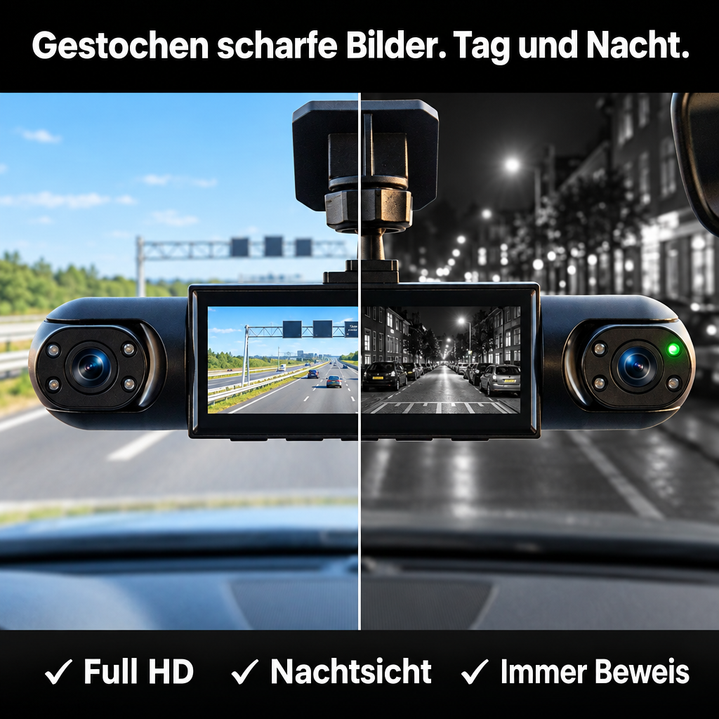 360°-dashcam med 4 kameraer, GPS-tidsstempel og nattesyn