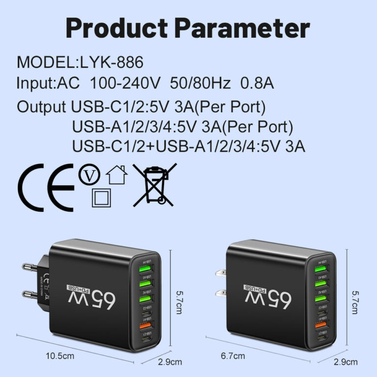 PowerMax 65W 6-i-1 hurtiglader – oplader op til 6 enheder samtidig – ideel til hjem, kontor og rejser