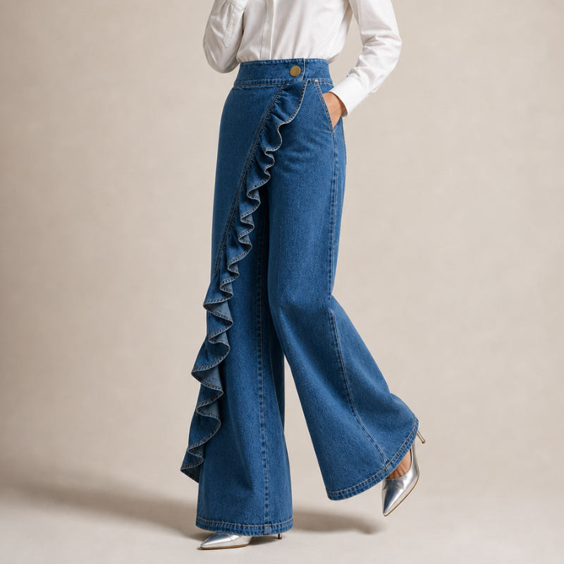 Vide denimbukser til damer med asymmetrisk flæse, culotte-stil