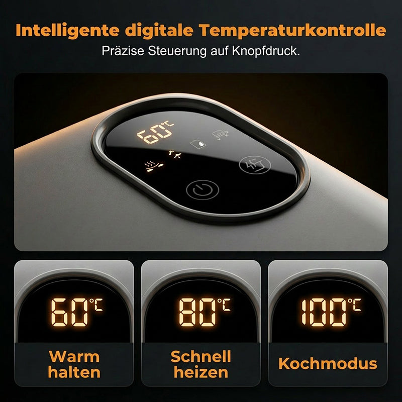 Trådløs, selvopvarmende elektrisk madkasse med indsats i rustfrit stål.